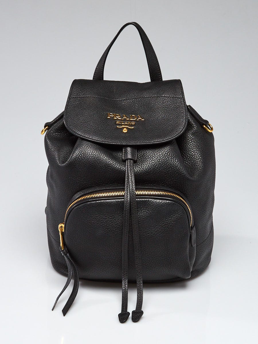 Prada Black Vitello Daino Leather Cinch Backpack Bag | Yoogi's Closet