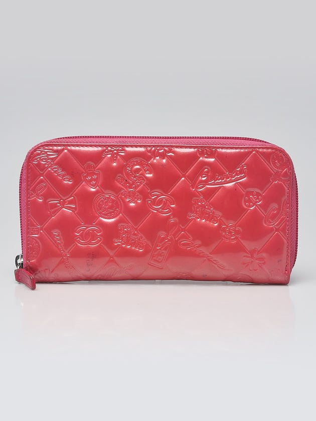 Chanel Pink Patent Leather Embossed Lucky Symbols Long Zippy Wallet