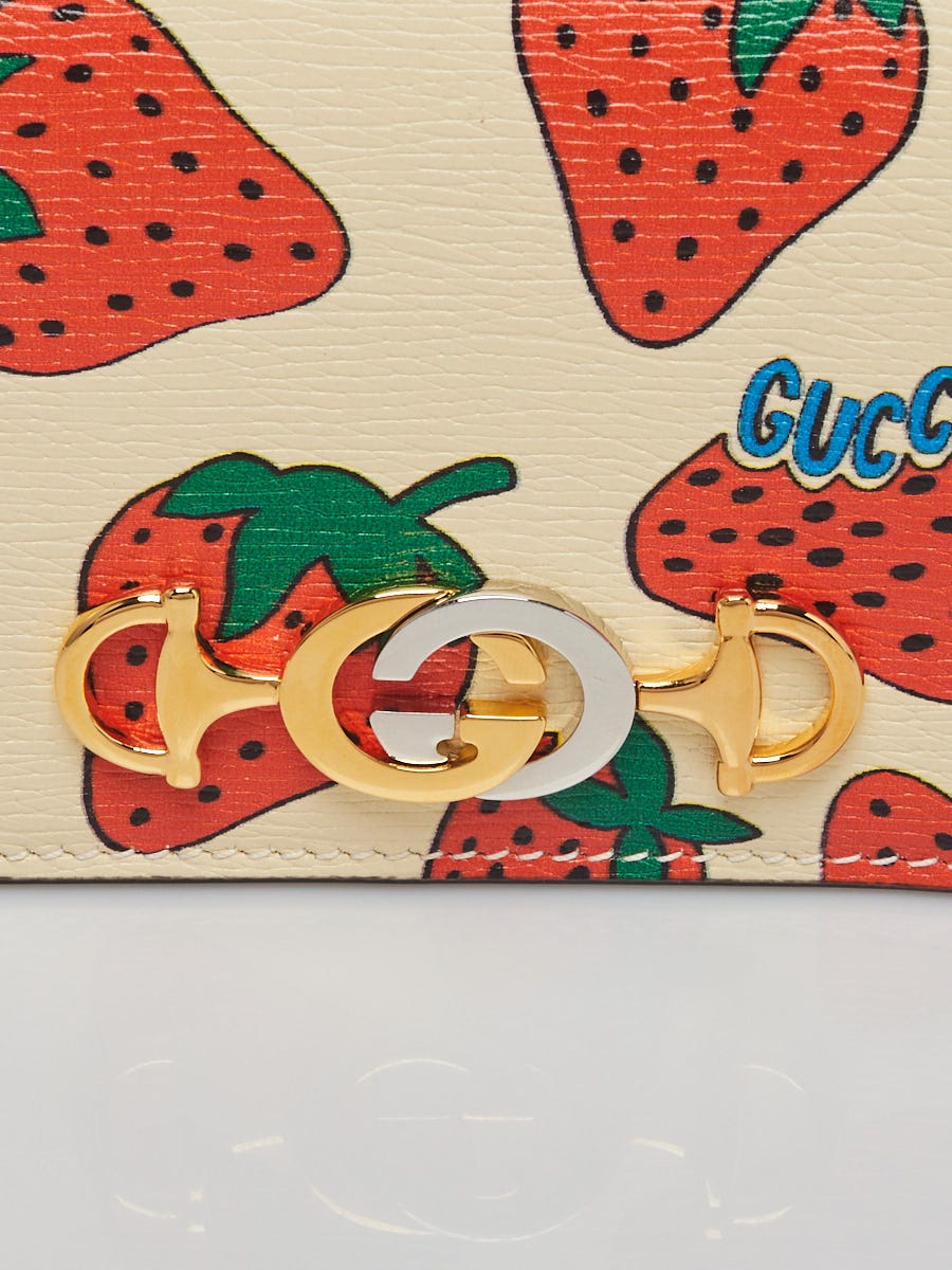 Gucci White Strawberry Print Leather Zumi Card Case Wallet