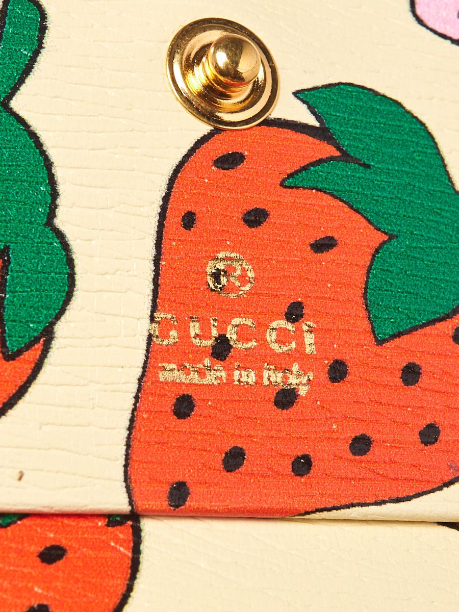 Gucci White Strawberry Print Leather Zumi Card Case Wallet