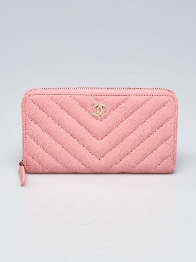 Chanel Pink Chevron Quilted Caviar Leather Zip Around Medium Wallet
