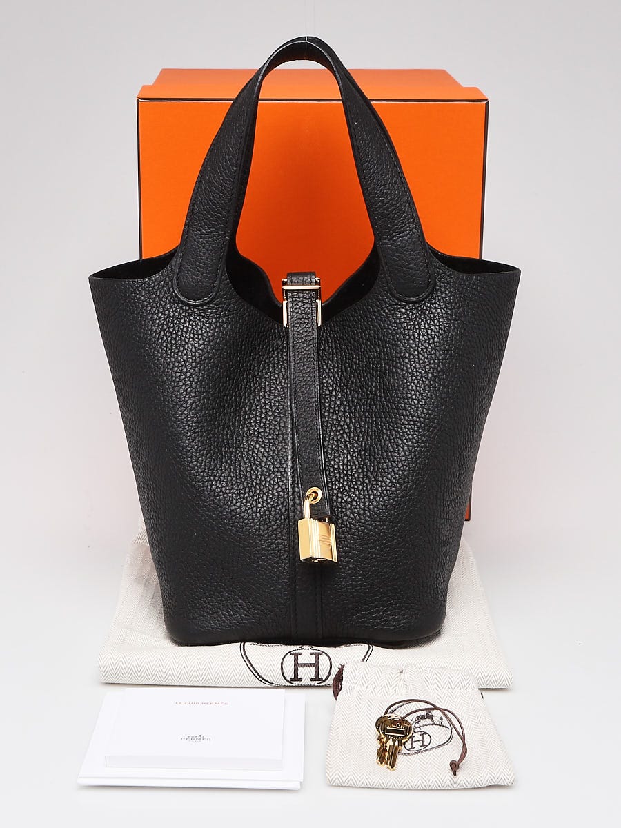 Hermes 18cm Black Clemence Leather Gold Plated Picotin Lock Bag