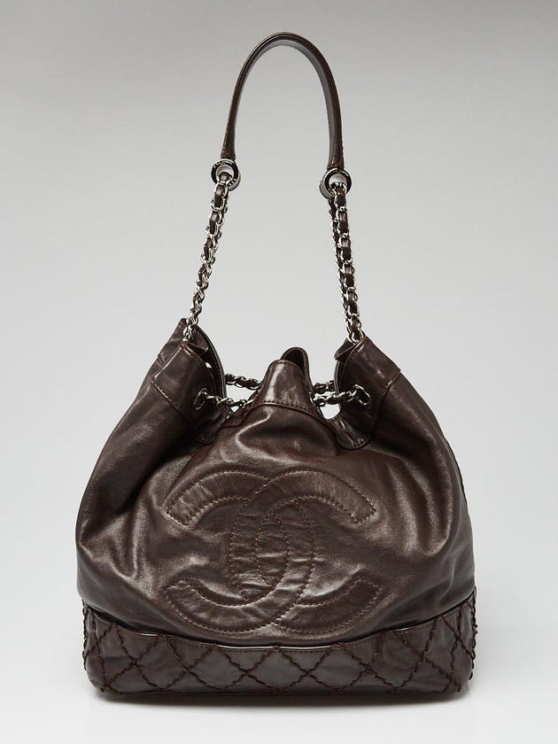 Chanel Dark Brown Calfskin Leather CC Cinch Chain Bucket Bag