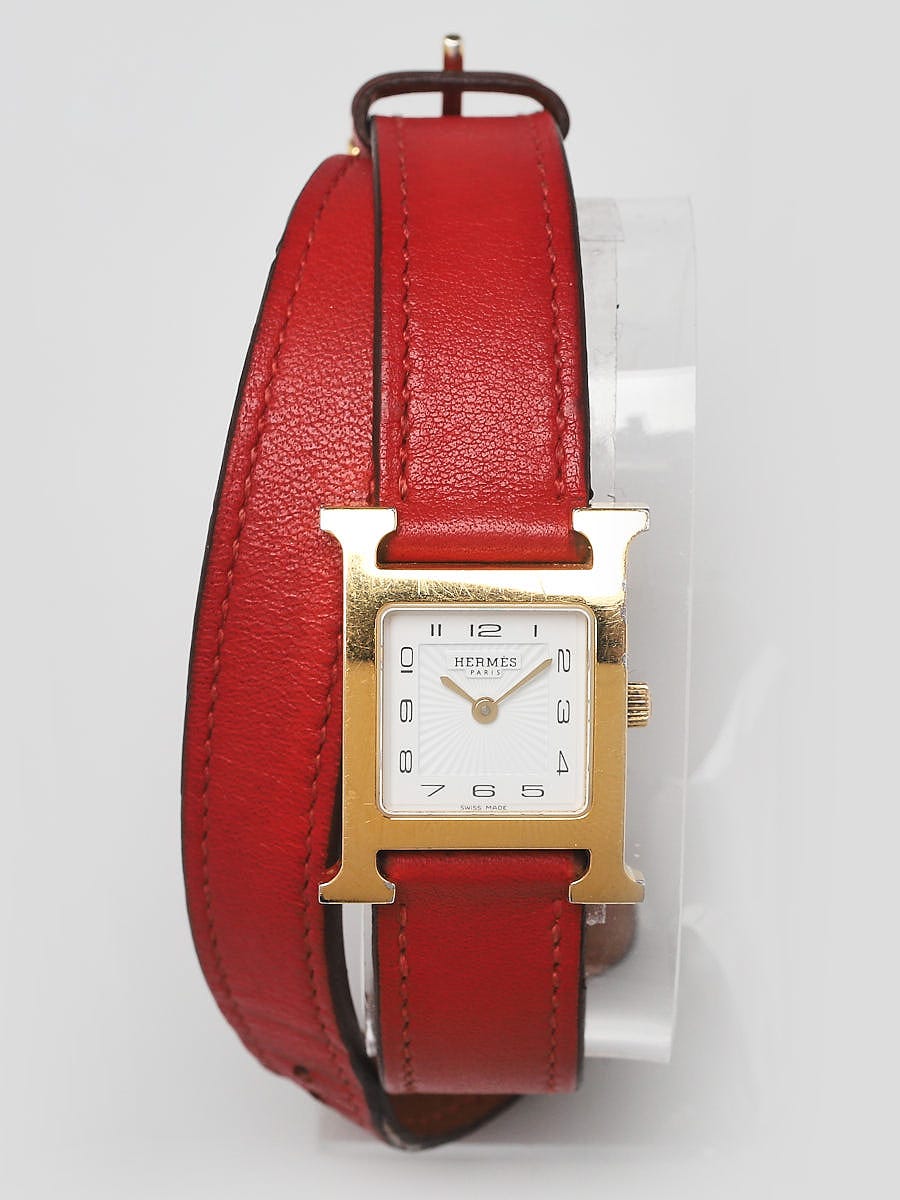 Hermes 21mm Gold Plated and Red Swift Leather Heure H PM Double 