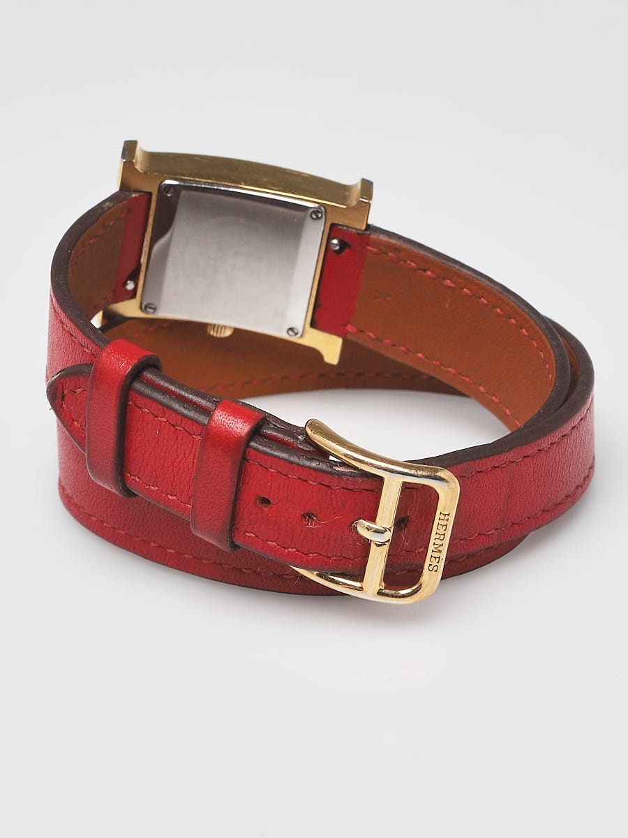 Hermes 21mm Gold Plated and Red Swift Leather Heure H PM Double