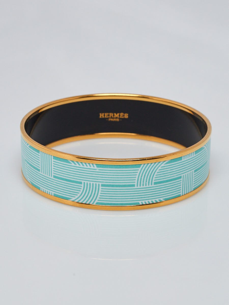 Hermes Light Green/White Printed Enamel Gold Plated Wide Bangle