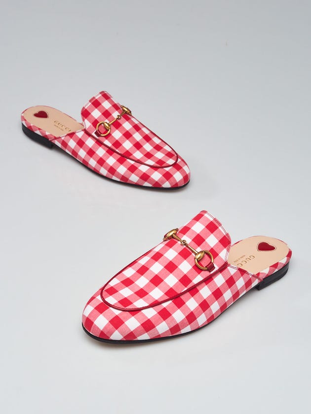 Gucci Red/White Gingham Cotton Princetown Mule Flats Size 8.5/39