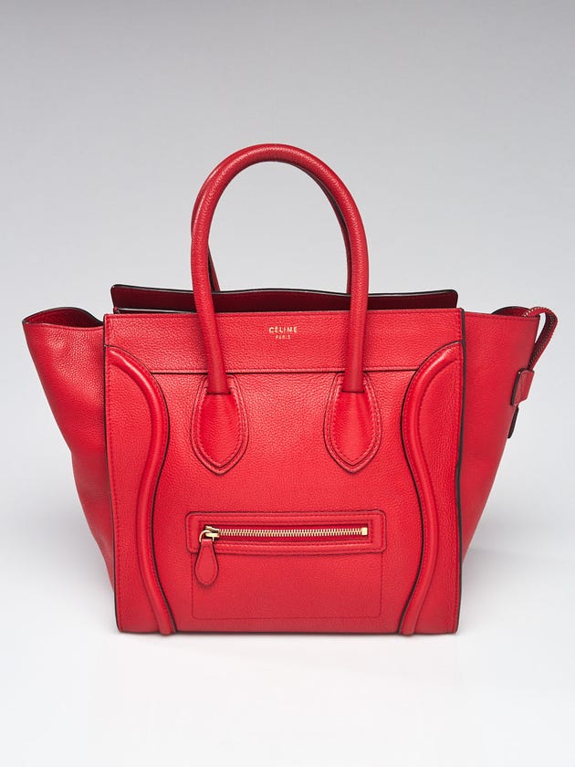 Celine Red Drummed Calfskin Leather Mini Luggage Tote Bag