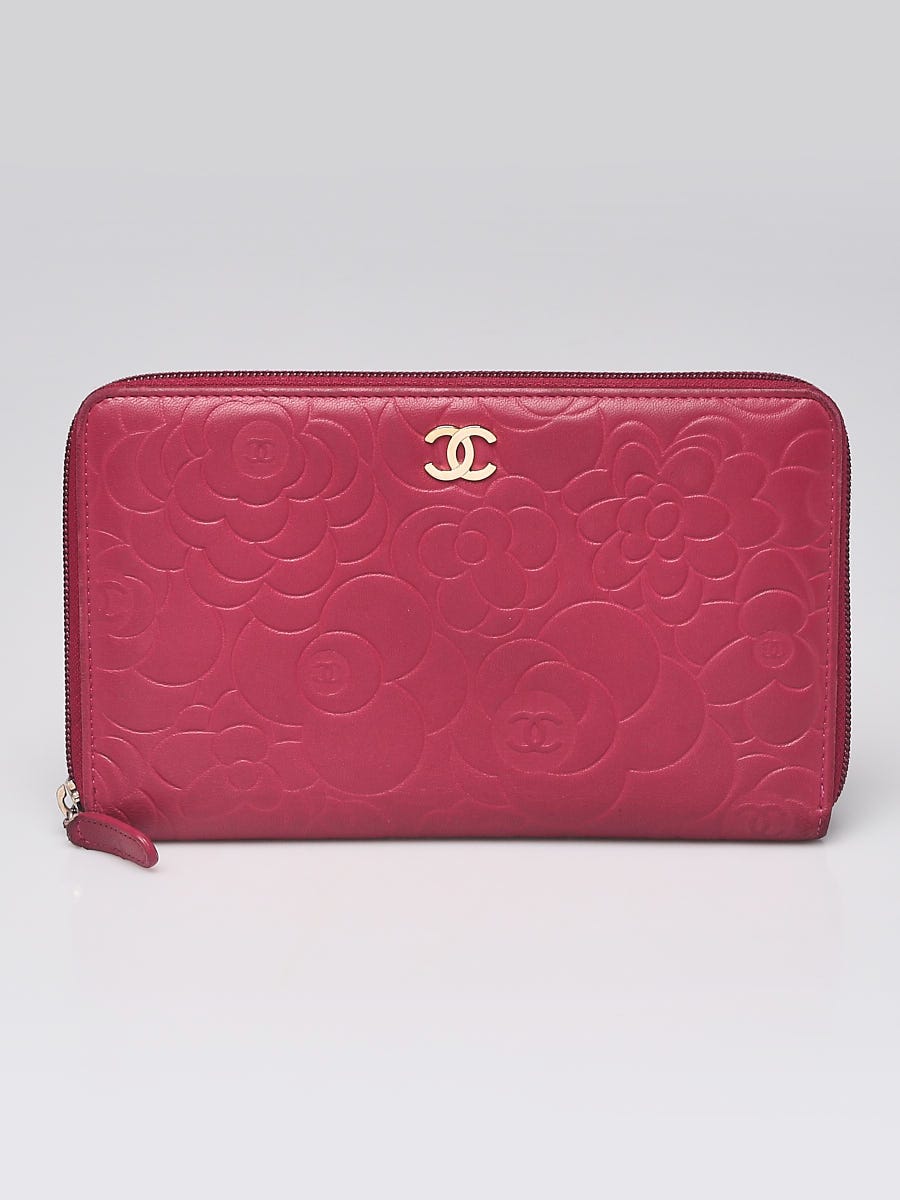 Chanel Pink Camellia Embossed Lambskin Leather Zippy Organizer Wallet