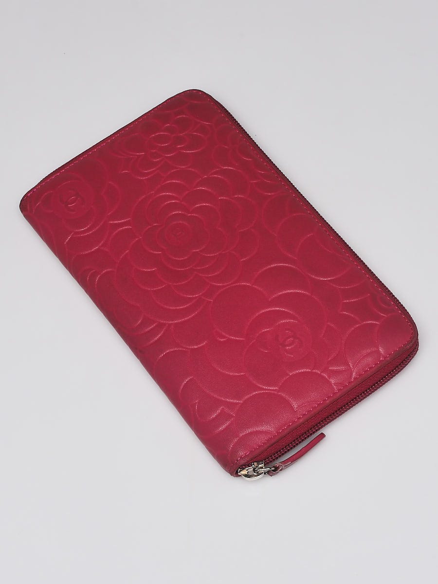 Chanel Pink Camellia Embossed Lambskin Leather Zippy Organizer Wallet