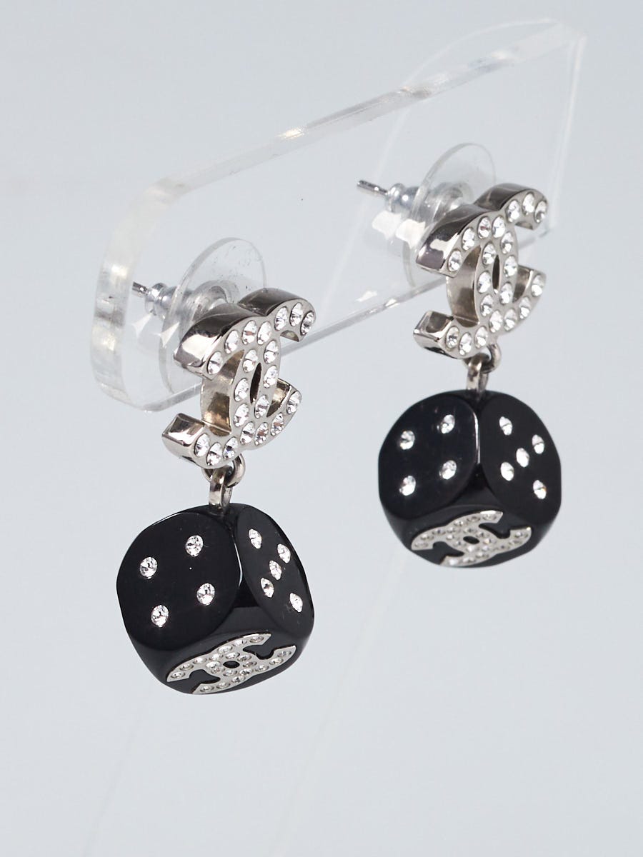 Chanel Black Resin Silvertone Metal and Crystal CC Dice Earrings