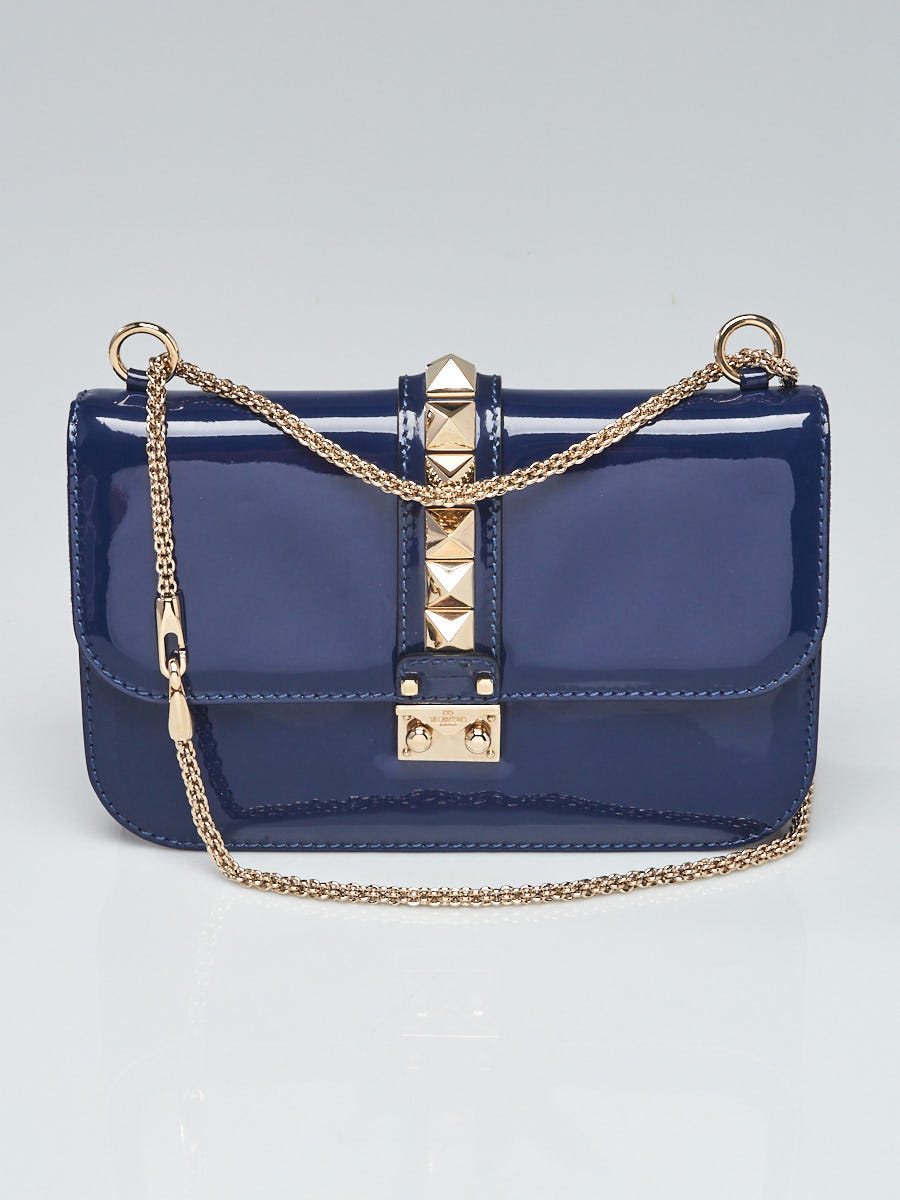 Valentino Blue Patent Leather Rockstud Glam Lock Medium Flap Bag