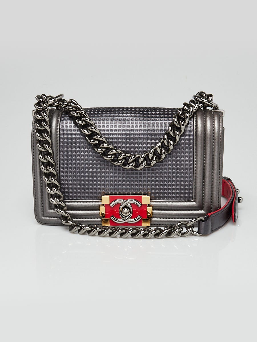 Chanel Metallic Silver Cube Embossed Lambskin Leather Medium Boy Bag -  Yoogi's Closet