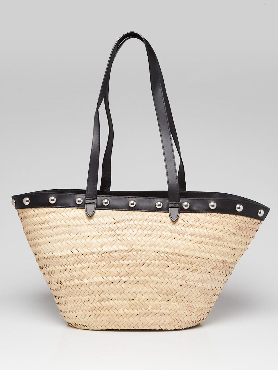 Celine Natural Woven Straw and Black Leather Studded Tote Bag