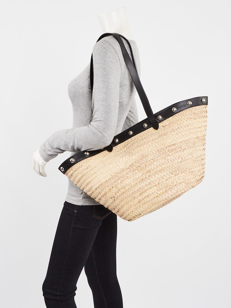 Celine Natural Woven Straw and Black Leather Studded Tote Bag