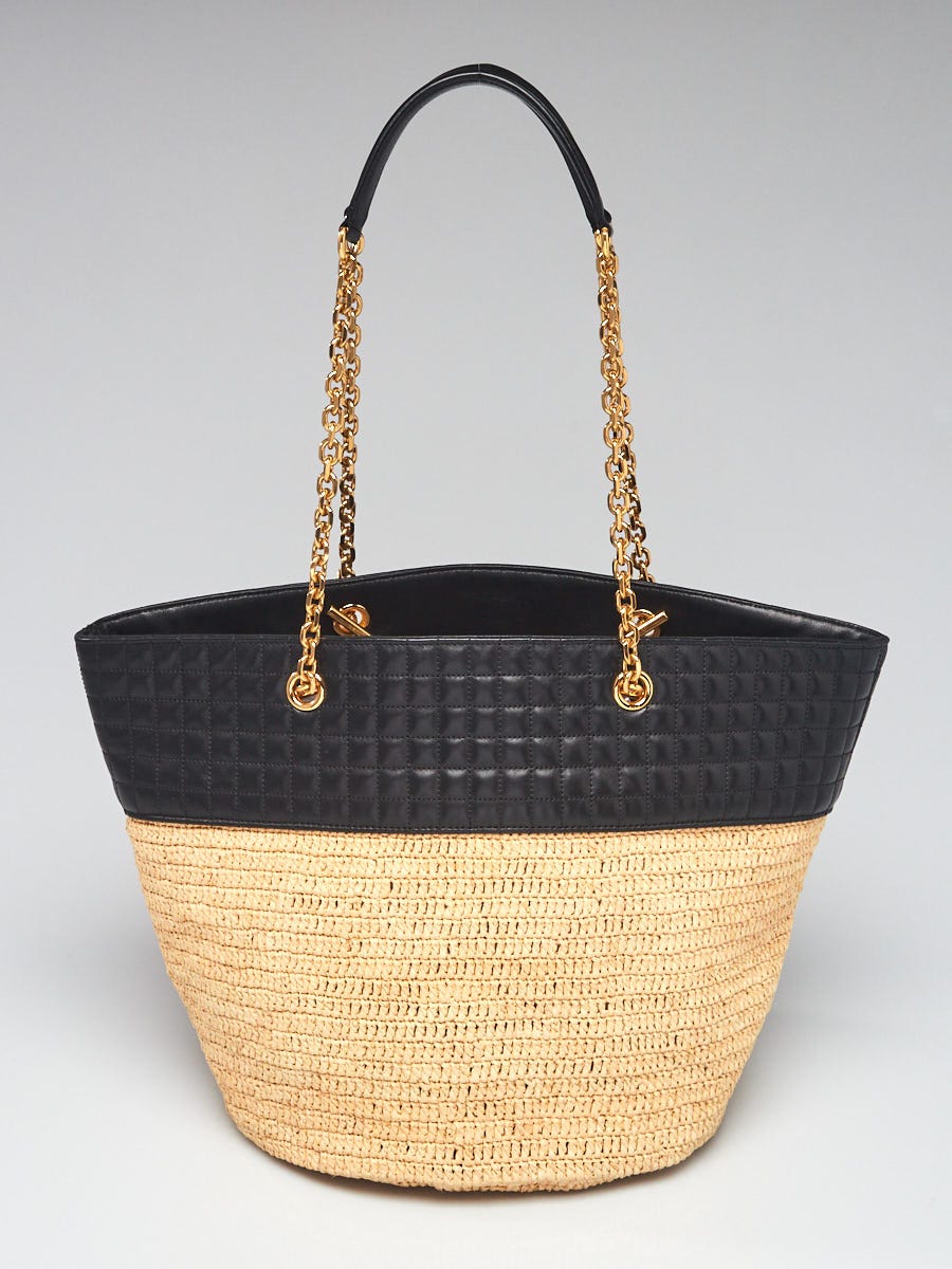 Celine Natural Woven Straw and Black Quilted Leather Tote Bag