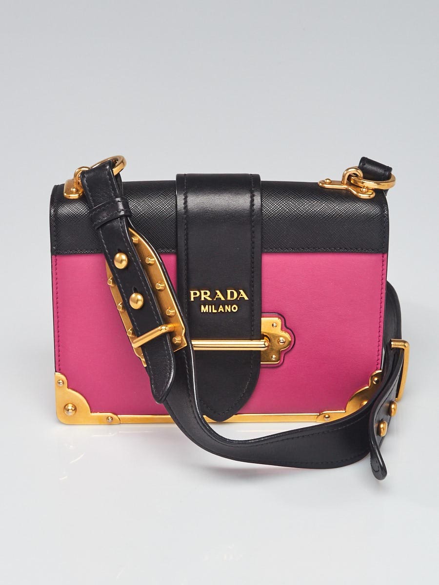 Prada Pink/Black Leather City Calf and Saffiano Leather Cahier Bag 1BD045 -  Yoogi's Closet