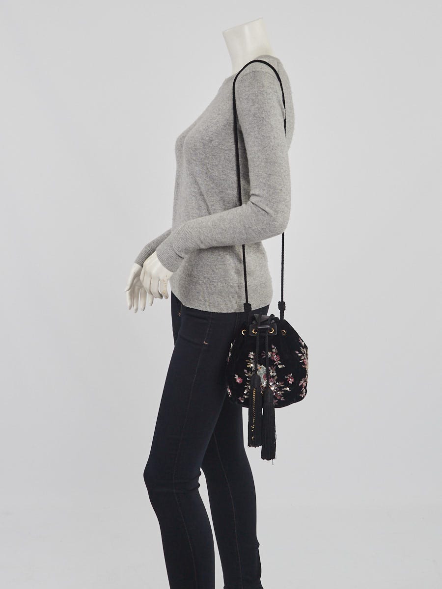 Yves Saint Laurent Black Velvet Sequin Tassel Bucket Bag