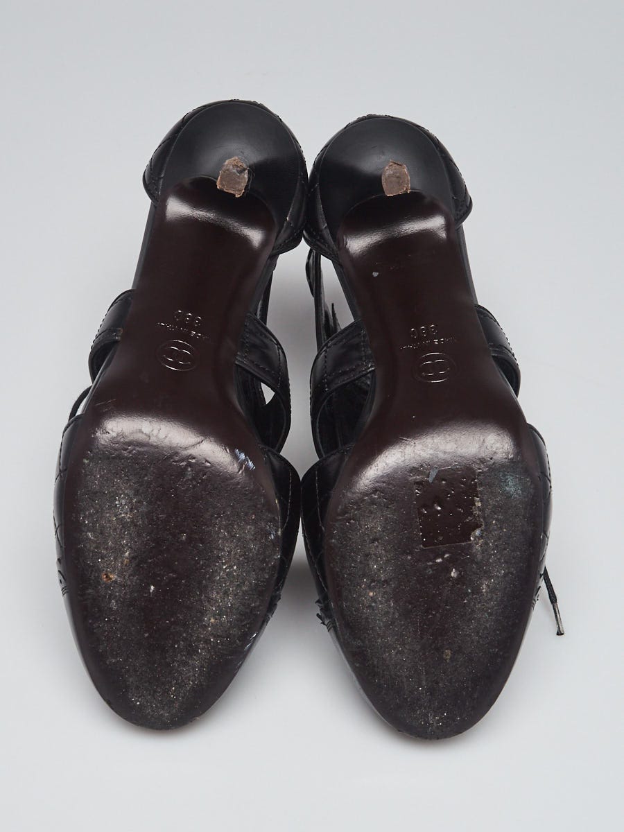 Chanel Black Quilted Leather Lace Up Cut Out Heels Size 7.5/38