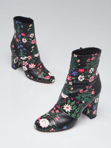 Valentino Black Floral Printed Leather Ankle Boots Size 4.5/35