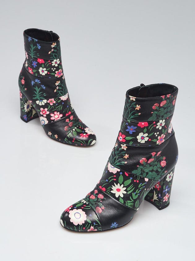 Valentino Black Floral Printed Leather Ankle Boots Size 4.5/35
