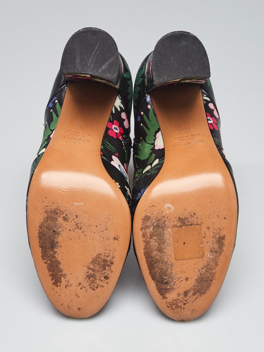 Valentino Black Floral Printed Leather Ankle Boots Size 4.5/35