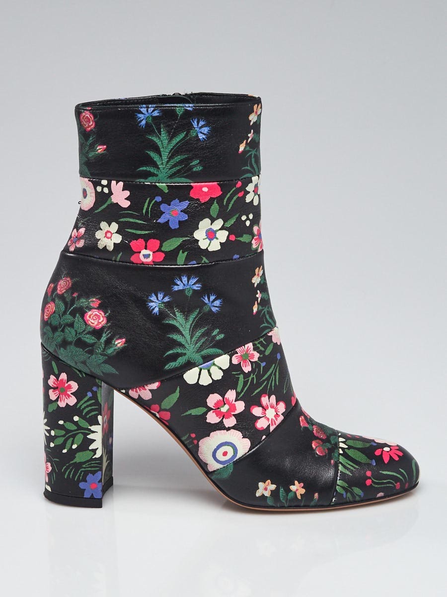Black Floral Printed Leather Ankle Boots 4.5/35 - Closet