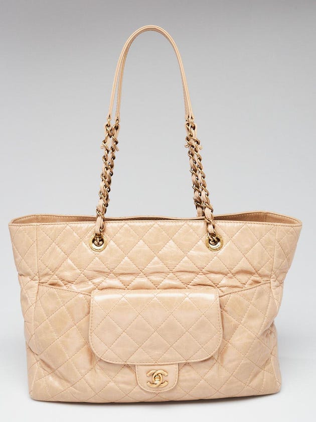 Chanel Beige Quilted Glazed Leather Front Pocket Large Tote Bag