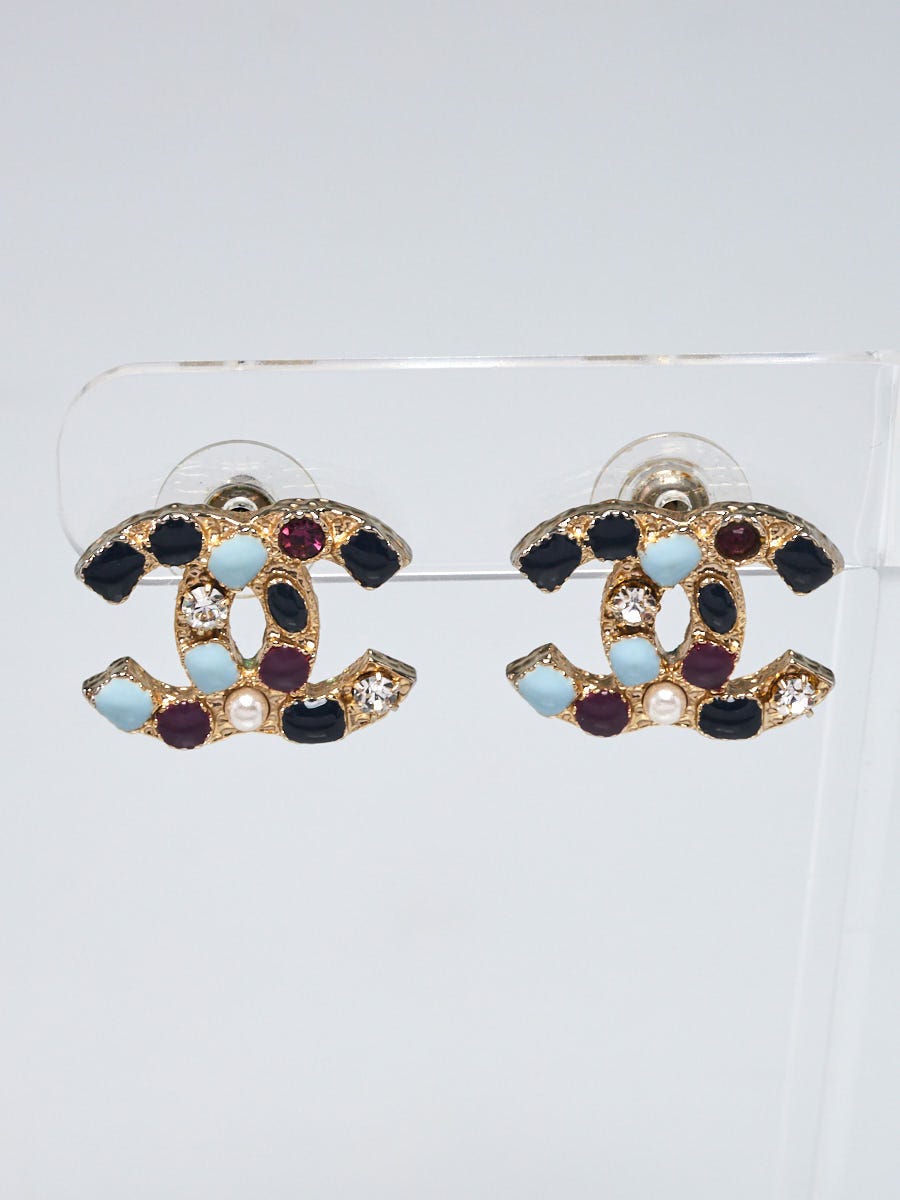 Chanel Goldtone Metal/Faux Pearl/Crystal CC Stud Earrings - Yoogi's Closet