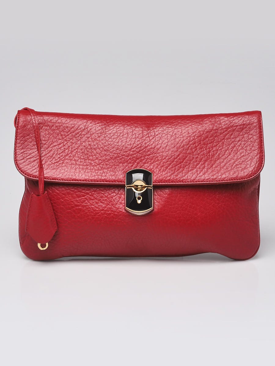 Balenciaga Red Pebbled Lambskin Leather Padlock Clutch Bag