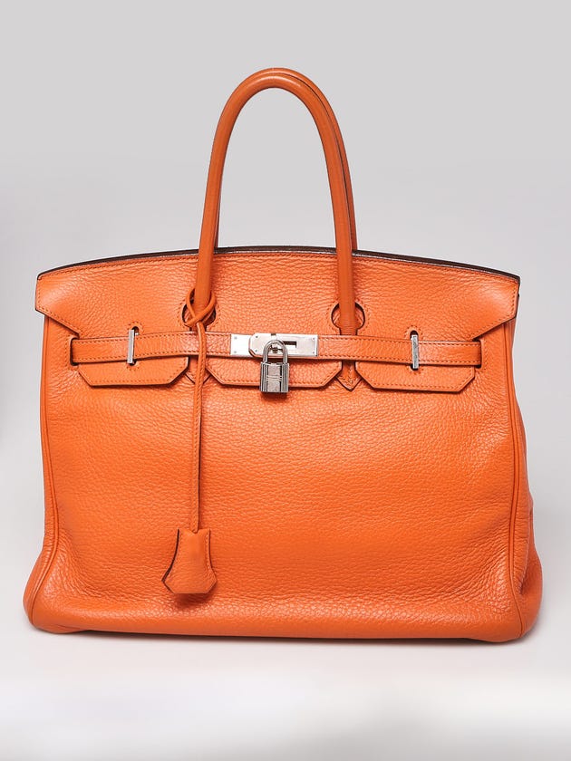 Hermes 35cm Orange Clemence Leather Palladium Plated Birkin Bag