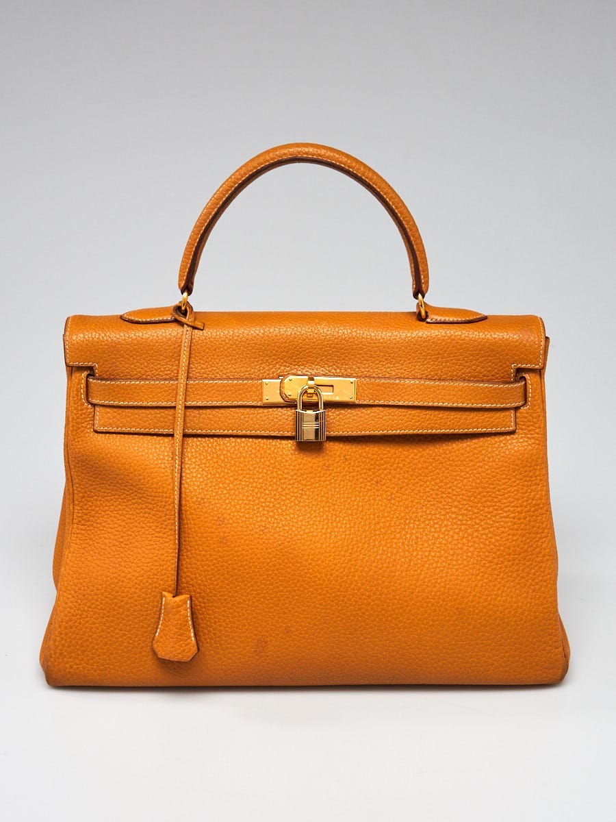 Hermes 32cm Toffee Clemence Leather Gold Plated Kelly Retourne Bag