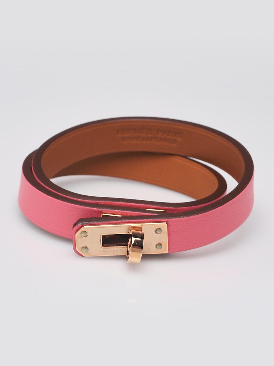 Hermes Rose Azalee Swift Leather Gold Plated Kelly Double Tour Bracelet Size S
