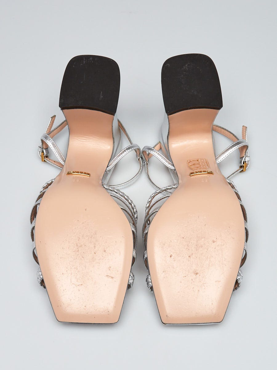 Gucci Silver Leather Horsebit Ketty Open Toe Sandals Size