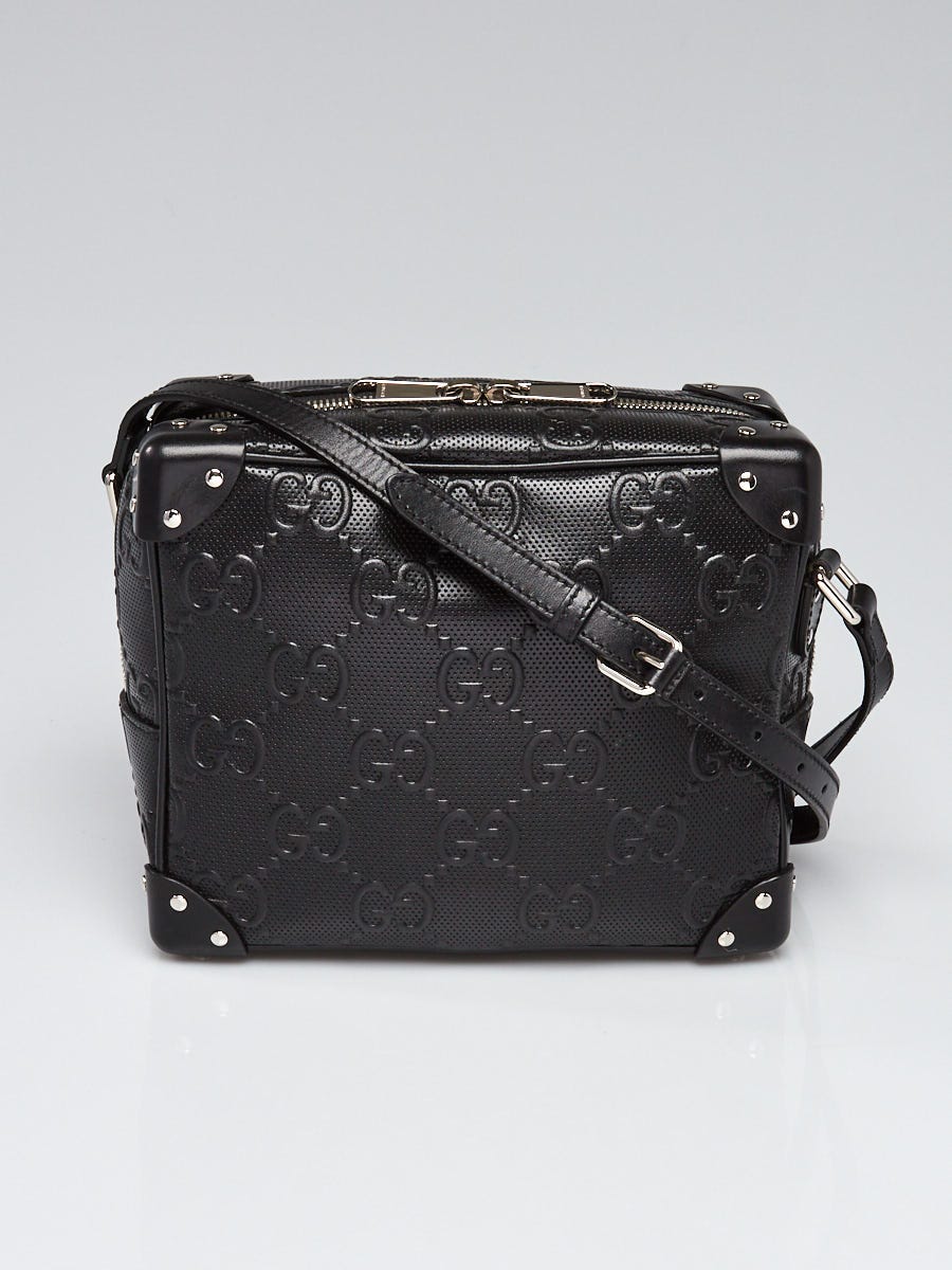 Gucci Black Embossed Perforated Leather Double Belt Bag - Yoogi's Closet