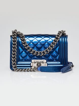 Blue Quilted Patent Leather Small Boy Bag