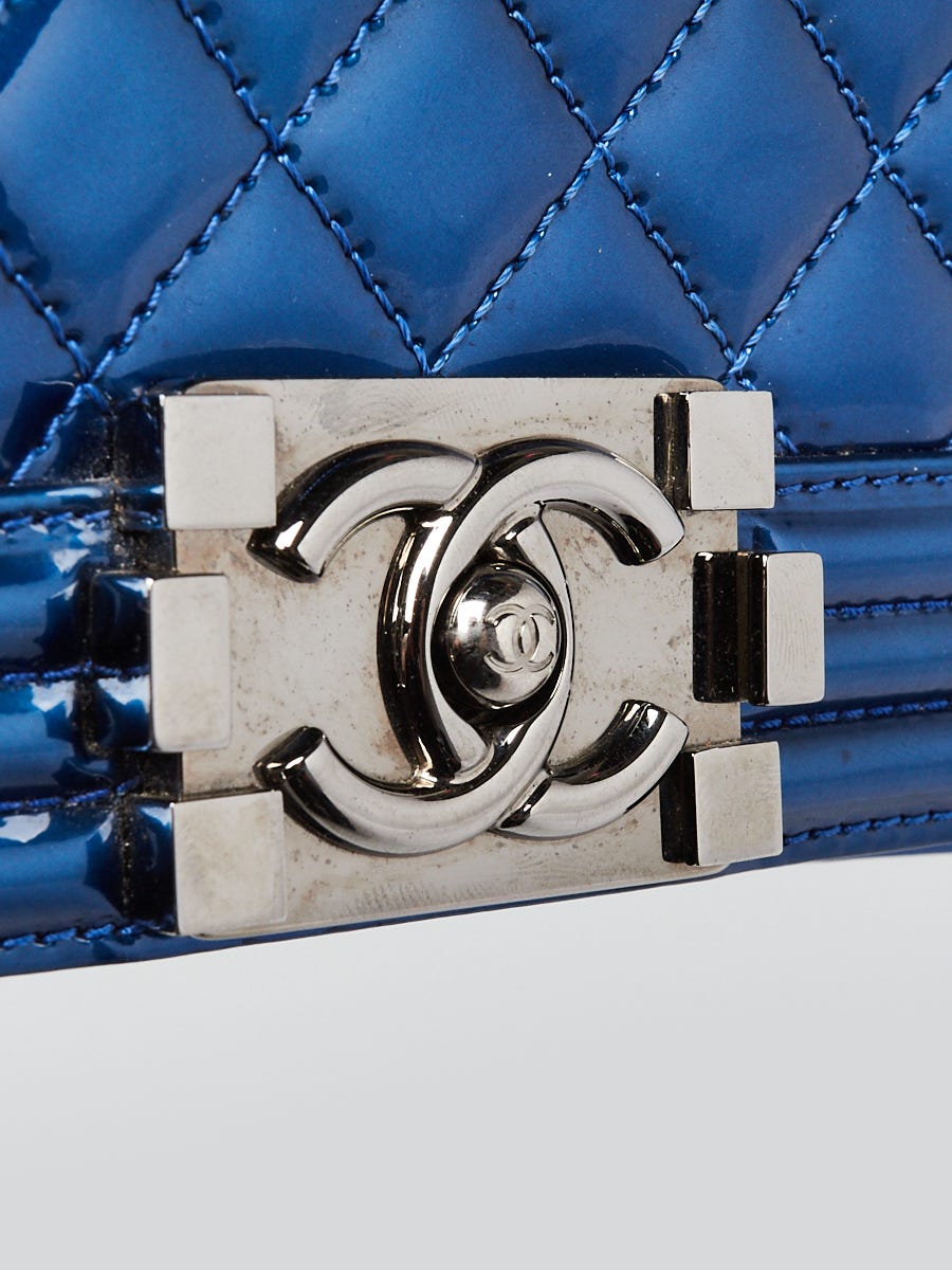 Chanel Light Blue Quilted Patent Leather Medium Boy Bag - Yoogi's Closet