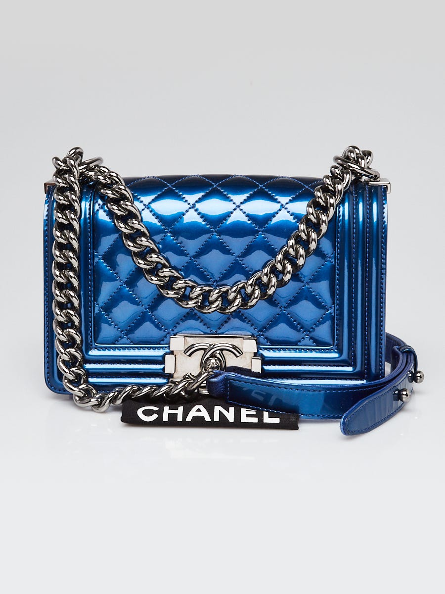Chanel Mini Blue Quilted Canvas Patent Leather Fringe Bag – My
