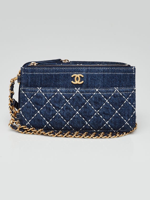 Chanel Blue Quilted Denim Vertical Double Bag