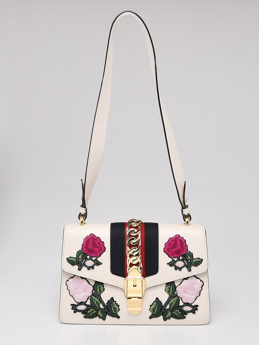 Gucci White Floral Embroidery Sylvie Shoulder Bag Yoogi's Closet