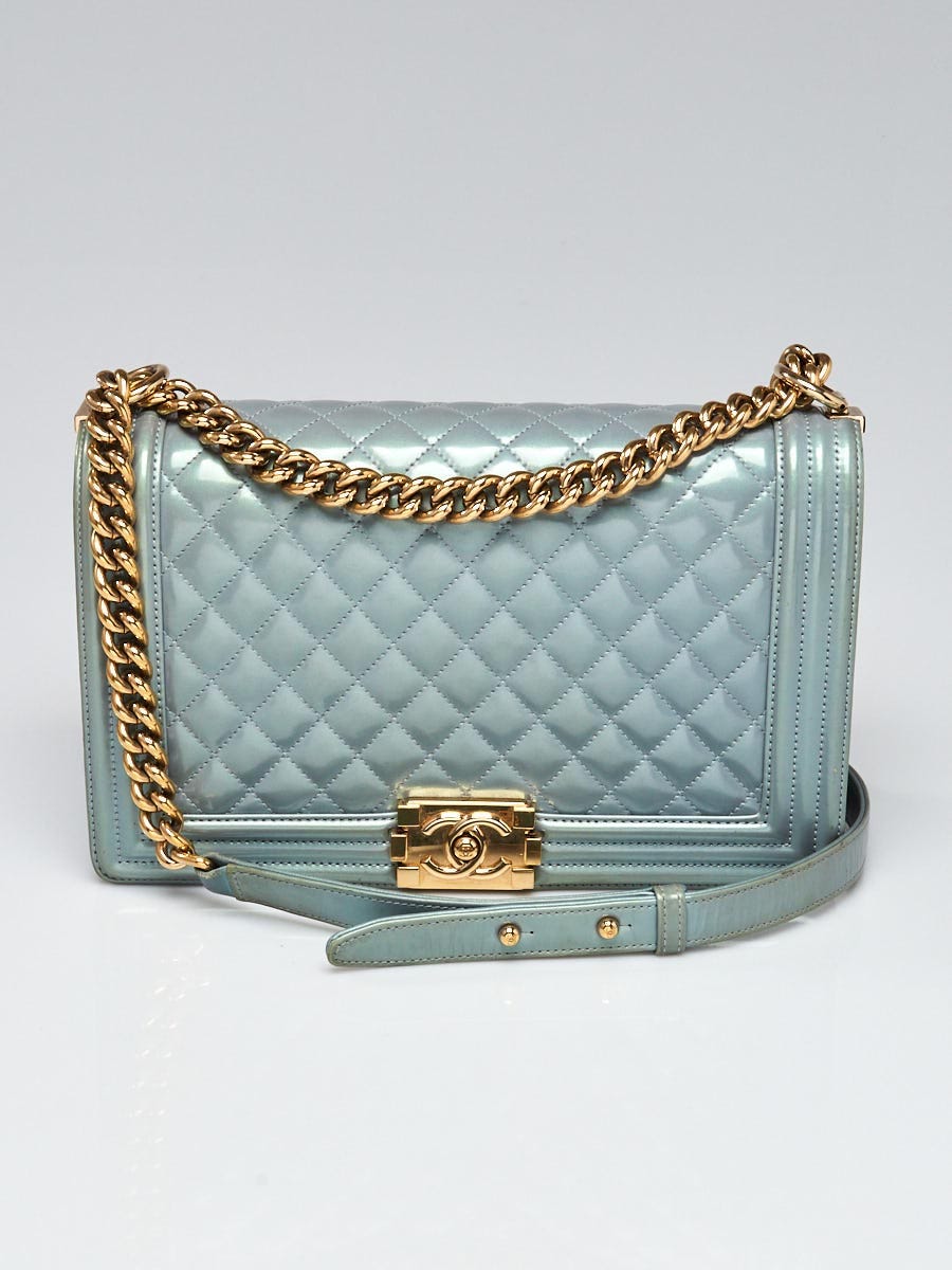 Chanel Blue Iridescent Quilted Patent Leather New Medium Boy Bag