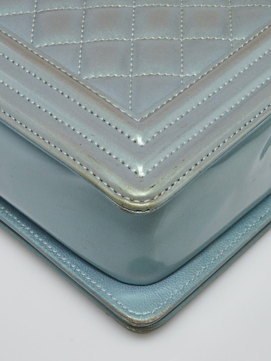 Chanel Light Blue Quilted Patent Leather Medium Boy Bag - Yoogi's Closet