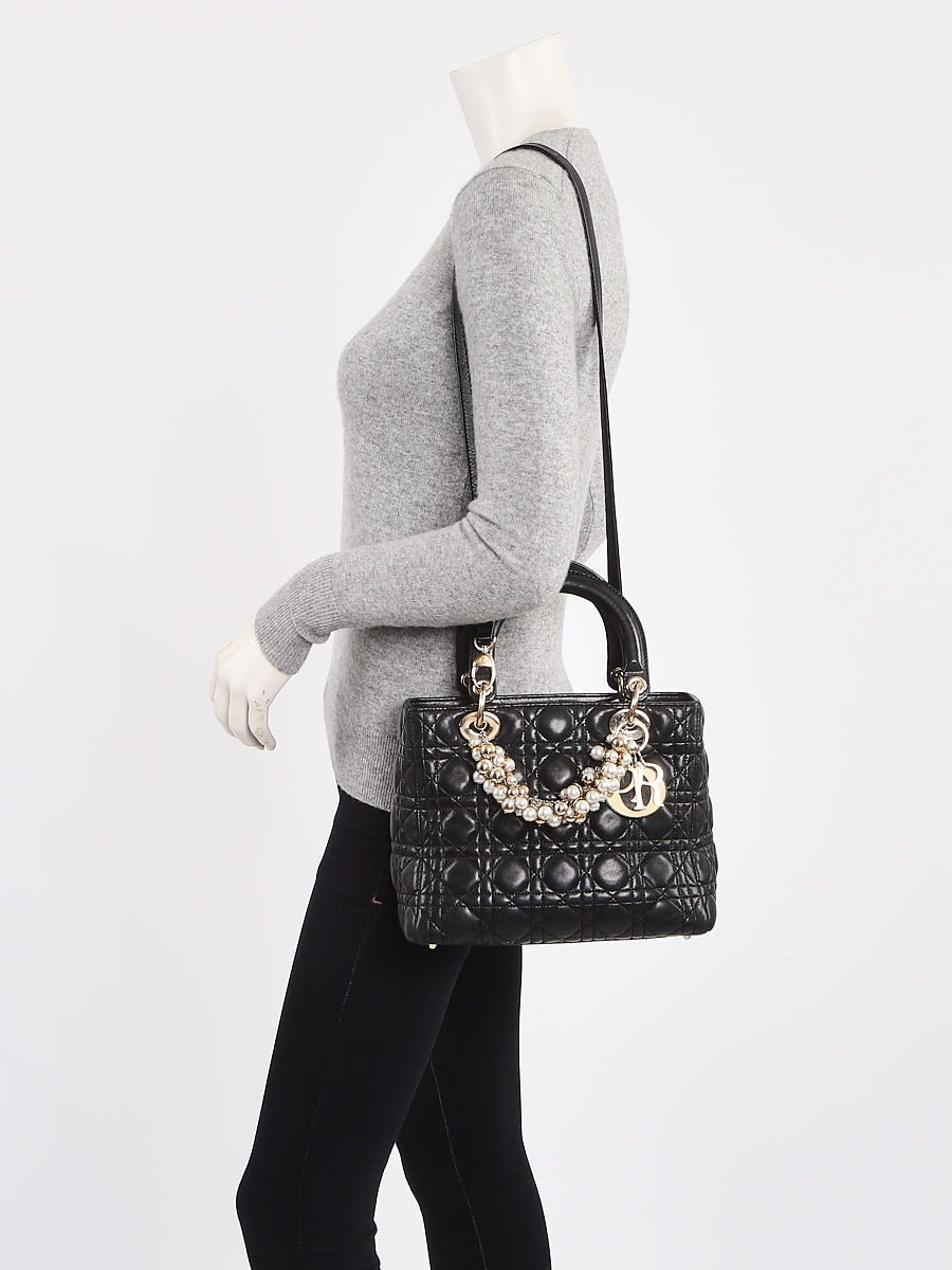 Christian Dior Black Quilted Lambskin Leather Medium Pearl Lady