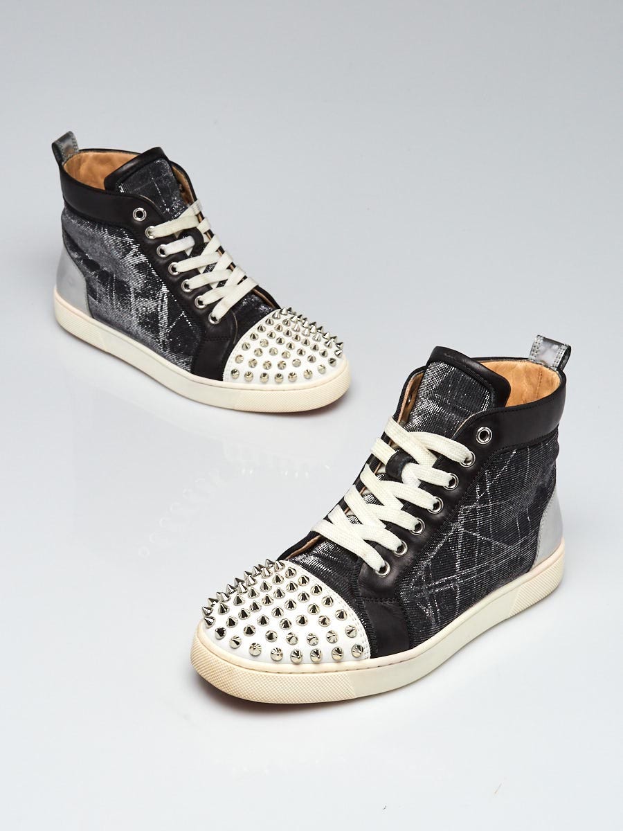 Christian Louboutin Black/Silver Fabric and Leather Spikes Lou High Top Sneakers Size 6.5/37 - Closet