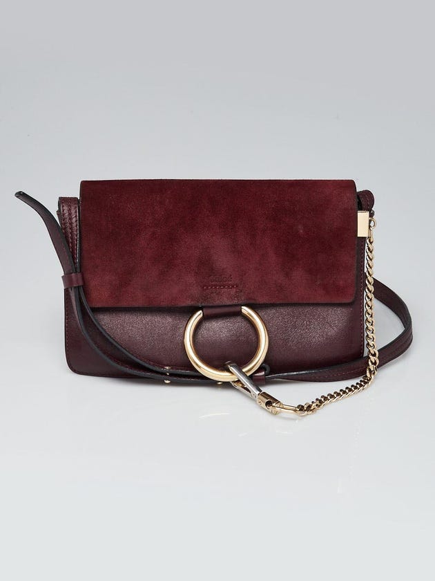Chloe Burgundy Leather and Suede Small Faye Crossbody Bag