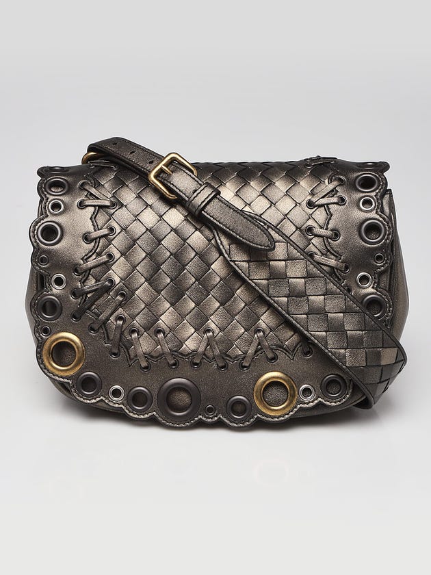 Bottega Veneta Bronze Intrecciato Woven Leather Grommet Crossbody Bag