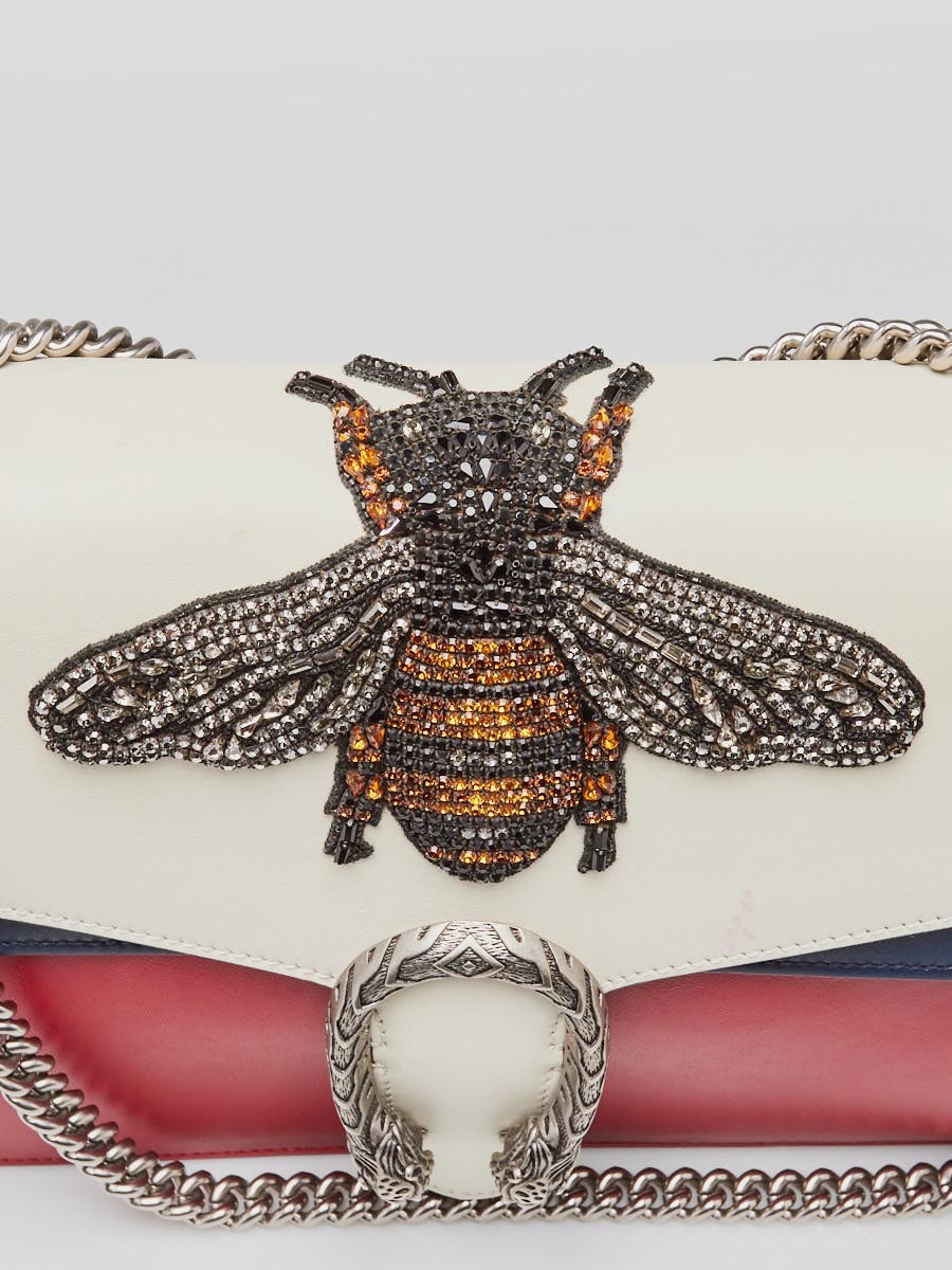 Gucci Red/White/Blue Smooth Leather Bee Embroidered Medium Dionysus Bag