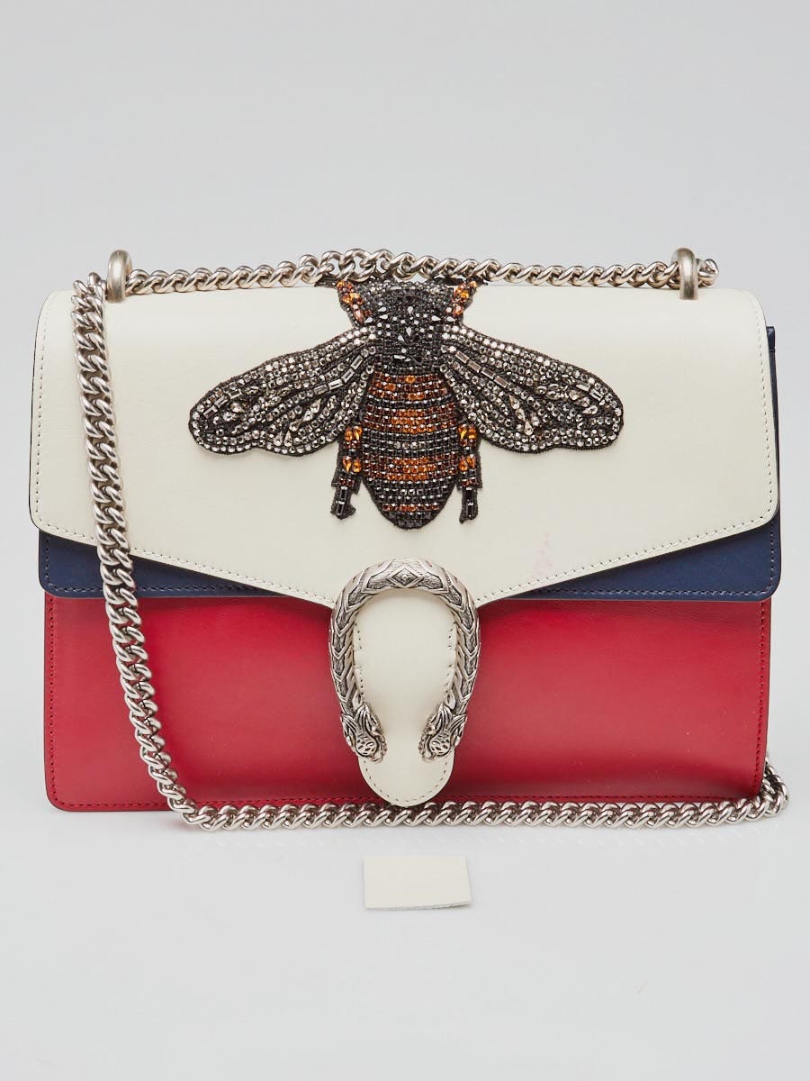 Gucci Red/White/Blue Leather Bee Embroidered Dionysus Bag - Closet