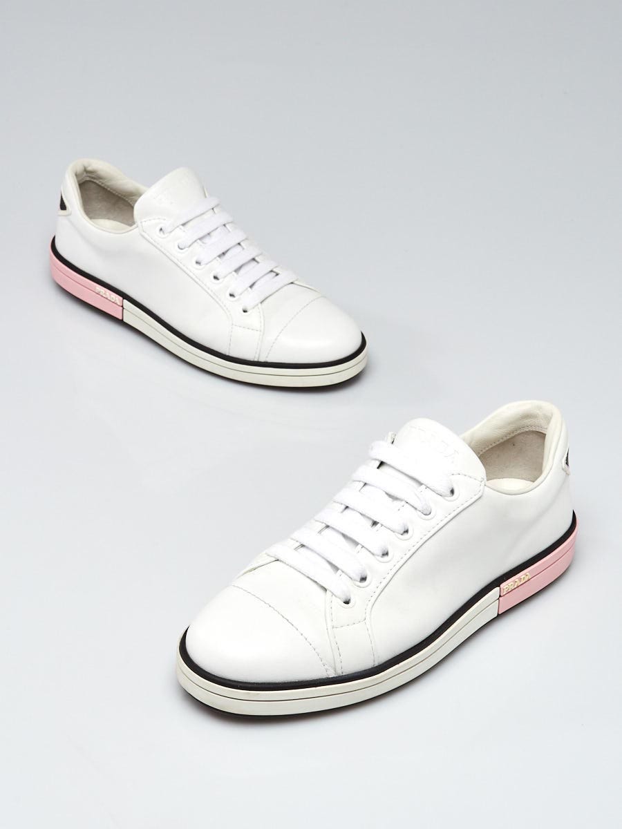 Prada White/Pink Leather Low Top Sneakers Size 5.5/36 | Yoogi's Closet