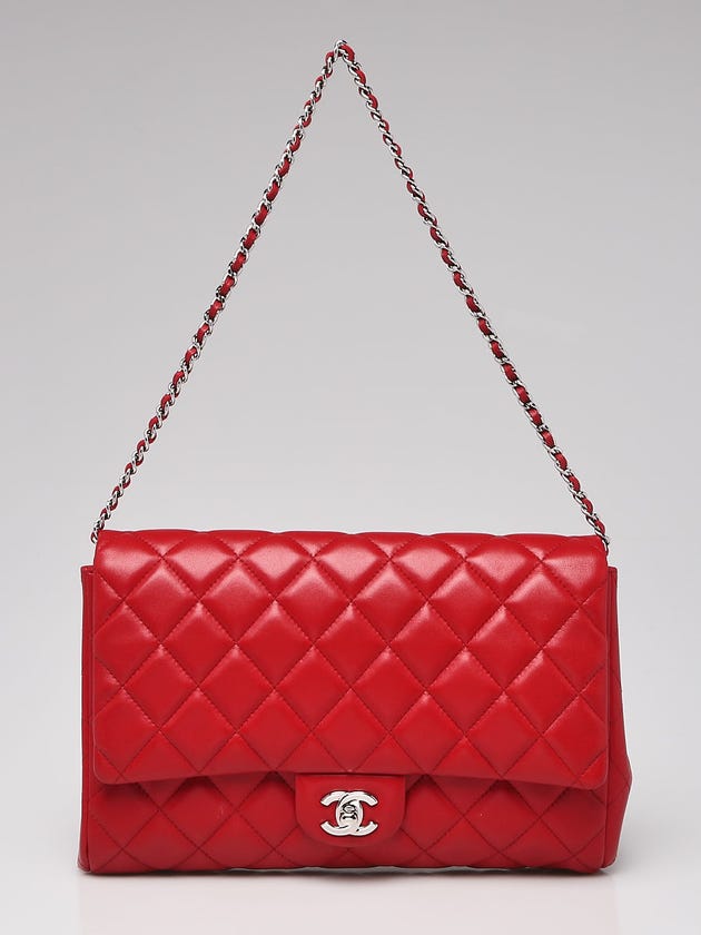 Chanel Red Quilted Lambskin Leather Chain Clutch Flap Bag